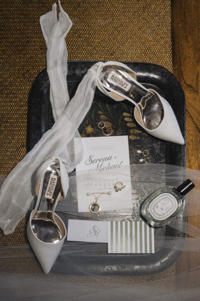 Fine art detail of bridal accessories at a luxury Mallorca wedding